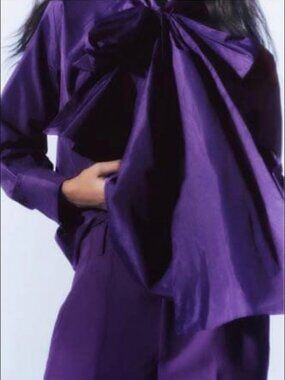 Zara Purple Taffeta Blouse With Bow Detail